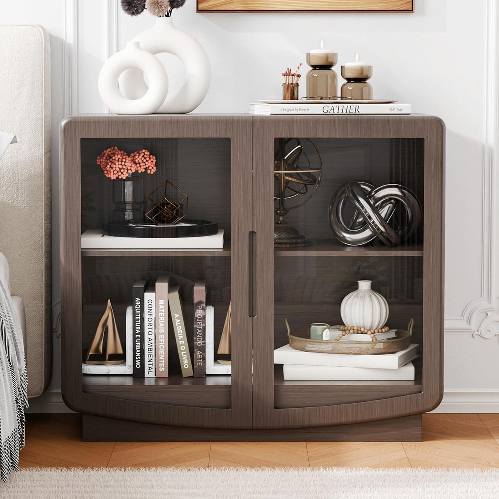 35" Sideboard Buffet Cabinet with Storage, Walnut Glass 2-Door Cabinet w...