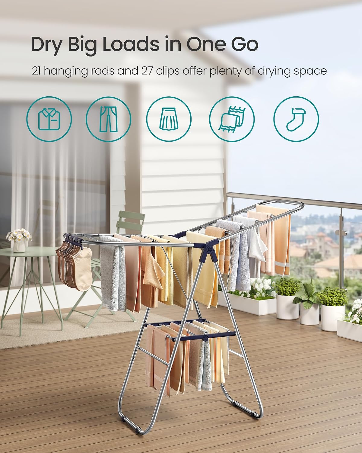 SONGMICS Clothes Drying Rack, Foldable Laundry Drying Rack, Sock Clips, Metal Clothes Airer with Height-Adjustable Gullwings, Space-Saving, Indoor Outdoor, 17 x 51.2 x 39 Inches, Blue ULLR505EQ01