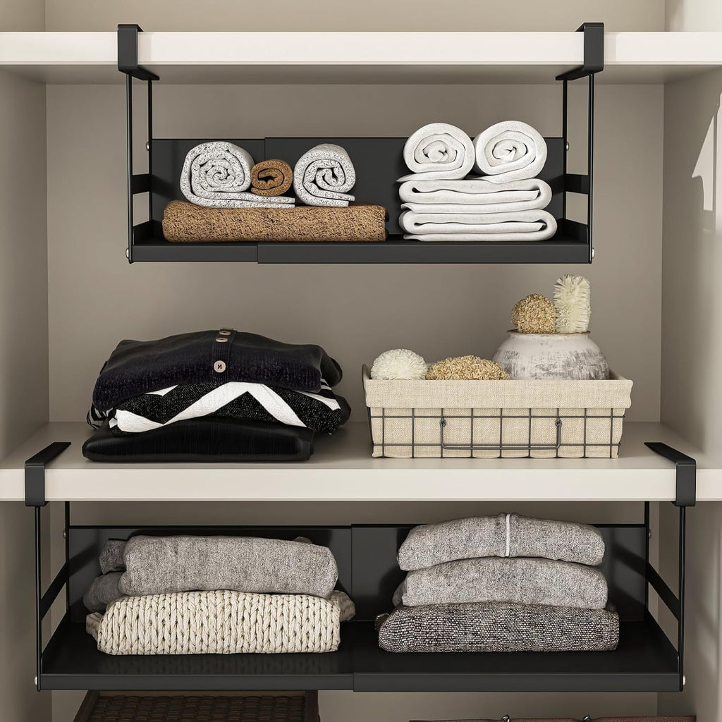 Expandable Under Cabinet Shelf Organizer with 1.25 Inches Thick Clips, Heavy Duty Extendable Under Shelf Storage Basket for Pantry or Laundry Room, Black, 1 Pack, Interior: 5.7" H x 8.54" D