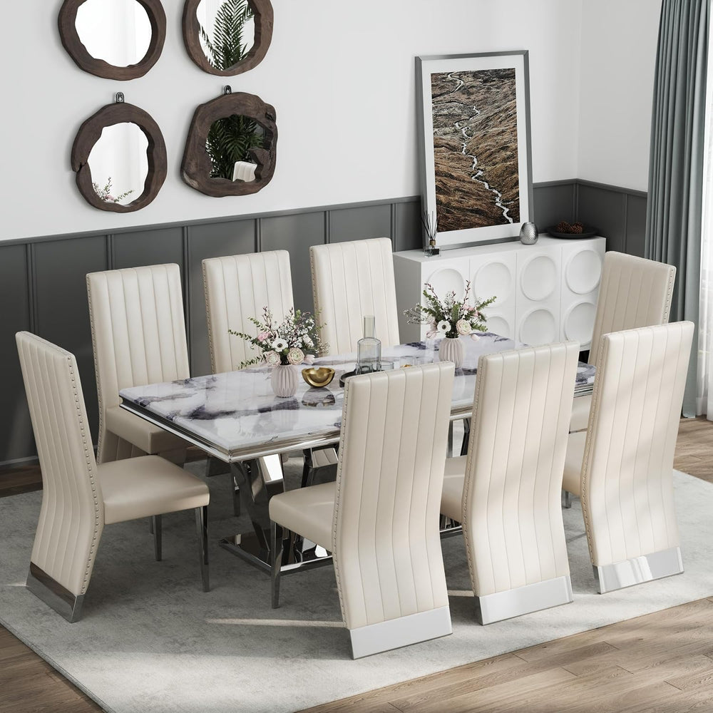 AUZ White Leather Dining Chairs Set of 6, White and Silver Upholstered Dining...