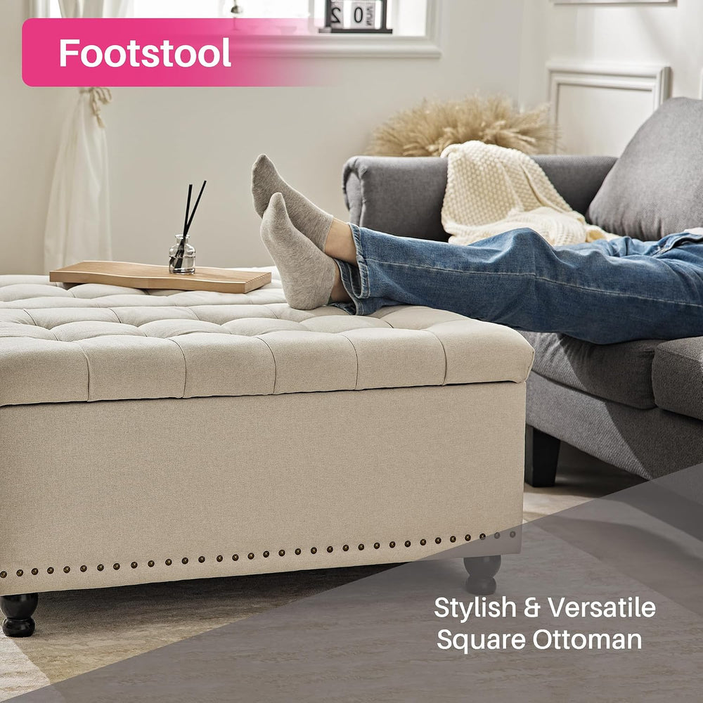 Redlife 35 Inch Large Square Storage Ottoman, Coffee Table Ottoman, Linen | L...