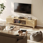 Fluted Oak TV Stands for 65/70/75 Inch TV, Boho Media Console for Living Room, TV Entertainment Center with Storage, Wood Television Cabinet for Bedroom