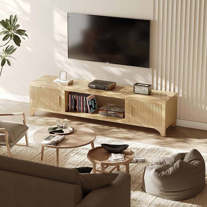 Fluted Oak TV Stands for 65/70/75 Inch TV, Boho Media Console for Living Room, TV Entertainment Center with Storage, Wood Television Cabinet for Bedroom