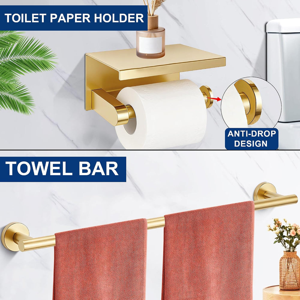 5 Pieces Bathroom Hardware Accessories Set Brushed Gold, 24Inch Bathroom Towe...