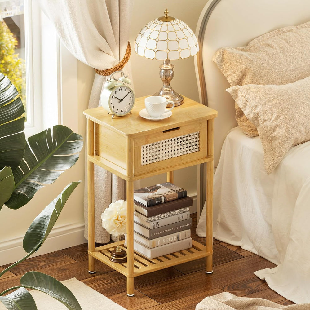 Bamboo Nightstand, Boho Side Table with Drawer and Open Shelf, 3 Tier End Tab...