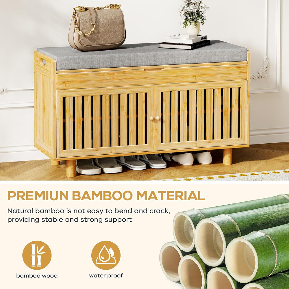 Shoe Storage Bench Coat Rack Set, 35.4" Bamboo Hall Tree Entryway Bench