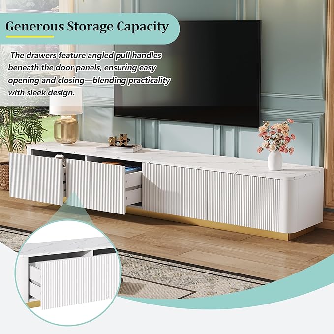 Ball & Cast Luxury Fluted TV Stand with 4 Drawers for TVs up to 85", Modern Media Console w/Faux Marble Tabletop and Gold Base, Curved Profile Design,Entertainment Center for Living Room,White