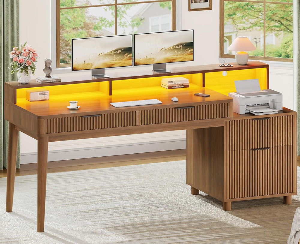 SEDETA Modern Office Desk with 4 Drawers, 59" Fluted Gaming Computer Des...