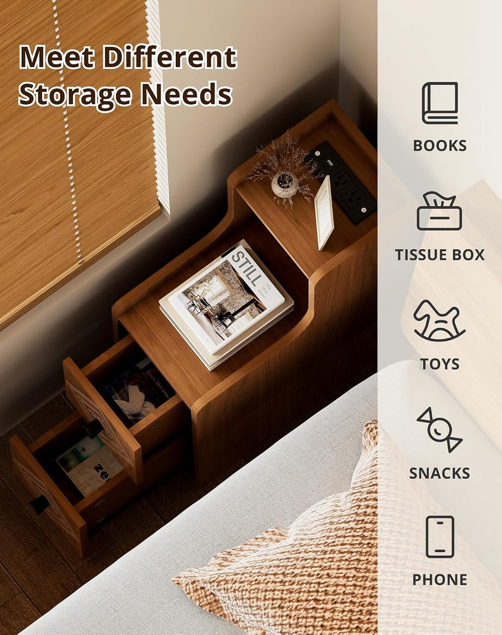 Narrow End Table Set of 2 with Charging Station, Walnut Skinny Bedside Tables...