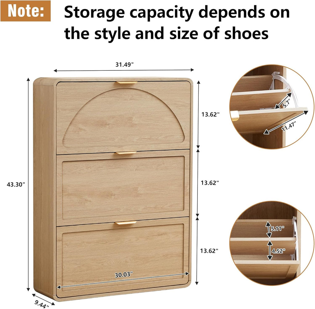 Hidden Shoe Cabinet with Drawer, Free Standing Narrow Shoe Rack Cabinet for Entryway Slim, 3 Flip Drawer Shoe Storage Organizer Cabinet for Entry,Hallway,Door,Dorm,Small Spaces - Natural