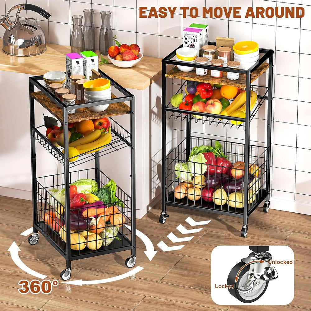 Fruit Vegetable Cart, 3-Tier Snack Kitchen Cart on Wheels & Wood Top, Uti...