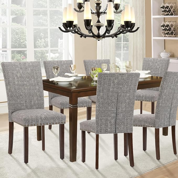 Parsons Dining Chairs Set of 4, Upholstered Nailhead Dining Room Kitchen Side Chair with Thick Cushions and Wood Legs, Black/White