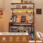Itaar Bakers Rack with Storage and Power Outlet, 35.4 inch Coffee Bar Cabinet, Microwave Stand Kitchen Cabinet with Hutch, LED Lights, Wine Rack and Hooks, Rustic Brown