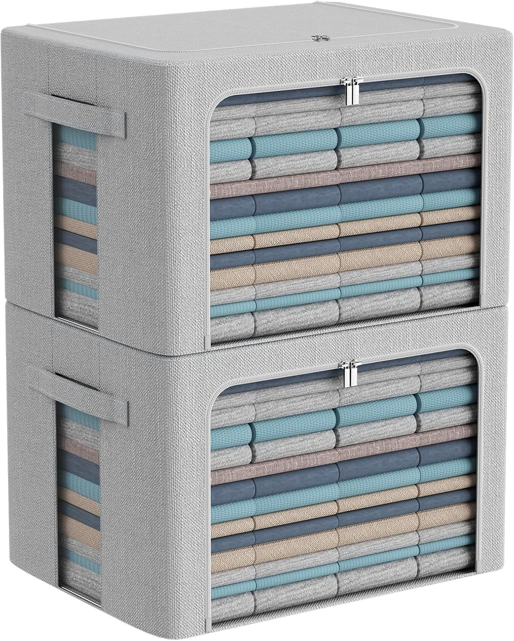 CYhom Clothes Storage Bins Box - Foldable Stackable Container Organizer Set with Clear Window & Carry Handles & Metal Frame - 2Pack Large Capacity for Bedding, Blankets, Books