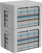 CYhom 2Pack Extra Large Clothes Storage Bins Box - Linen Fabric Foldable Stackable Container Organizer Set with Clear Window & Carry Handles & Metal Frame (Light Grey, Extra Large-100L)