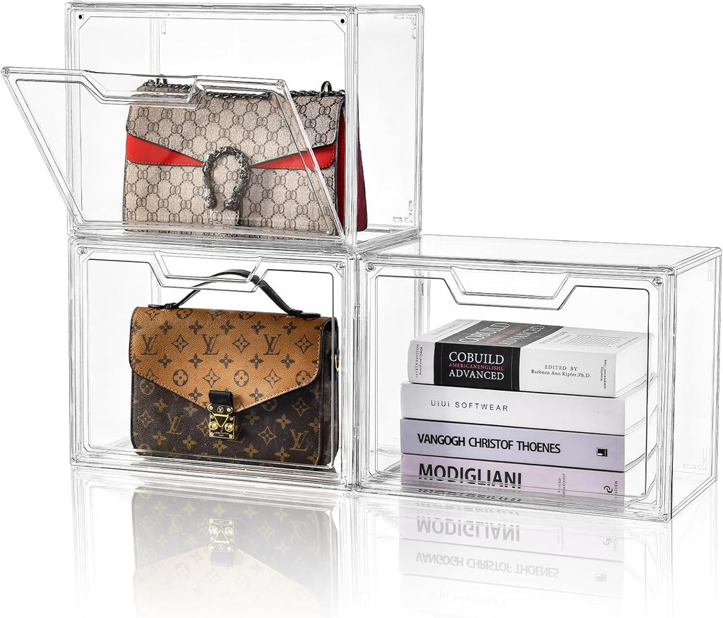 Purse Organizer for Closet,Clear Acrylic Display Case for Handbag Organizer, Purse Storage Box with Magnetic Door, Plastic Storage Bins for Book, Collectibles, Cosmetic (3 Pack)