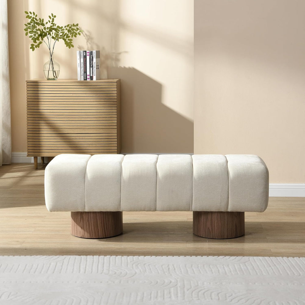 Upholstered Chenille Bench, Dining Room, Bedroom and Entryway Ottoman with Wo...