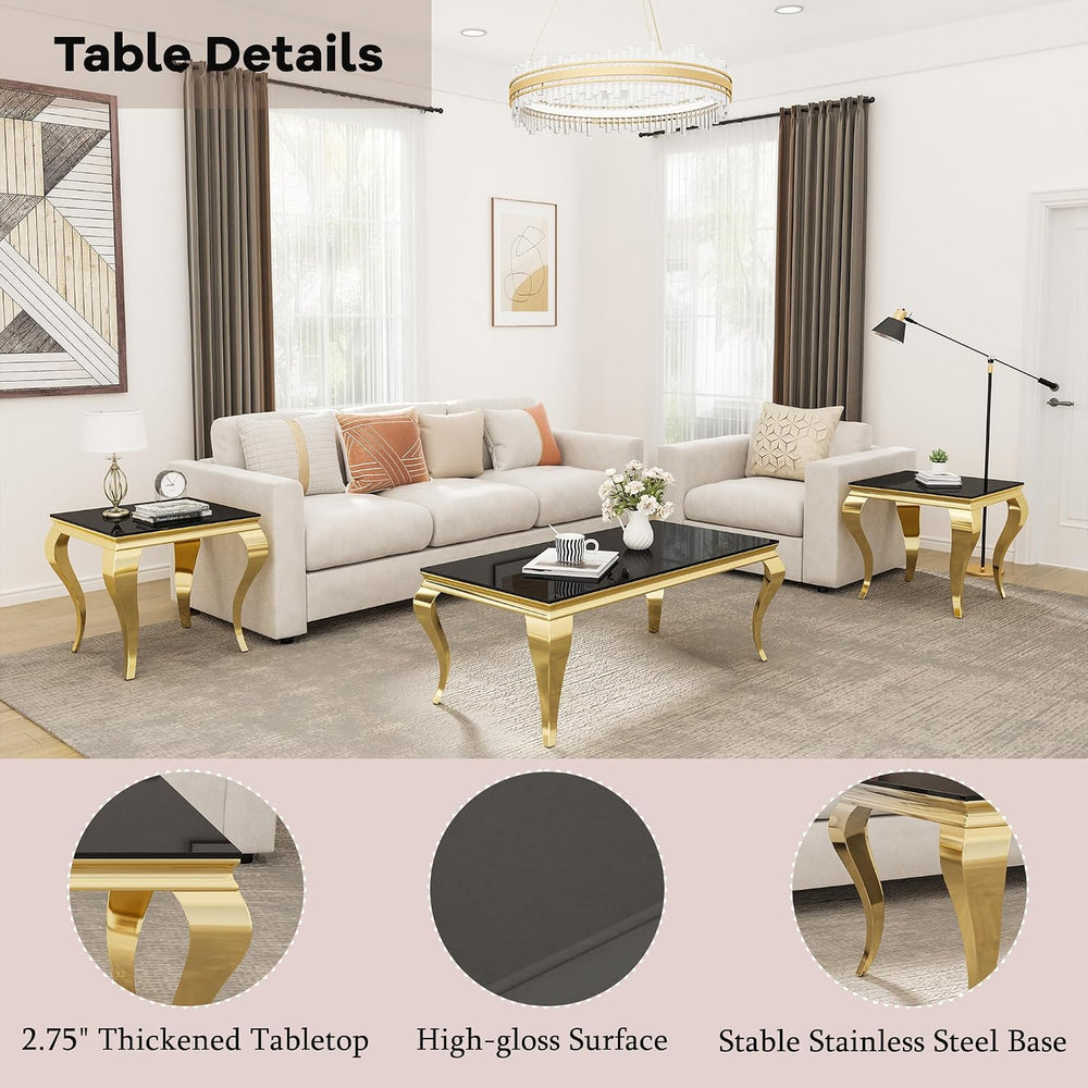 Glass Coffee Table Set of 3, Modern 3 Piece Living Room Set Include 1 Coffee ...
