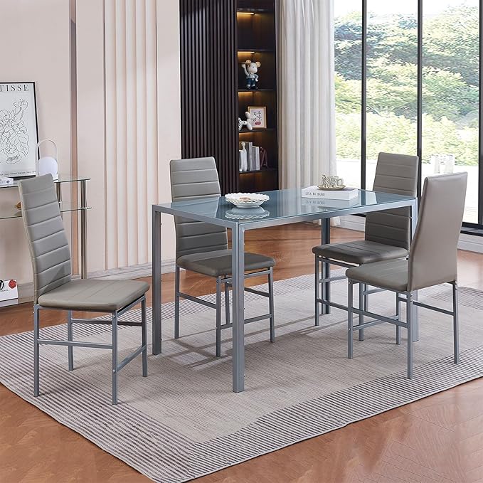 PU Dining Chairs Set of 4, Modern Kitchen & Dining Room Chairs Faux Leather Upholstered Dinner Chairs with Metal Legs for Small Space (Gray, Crossbar)