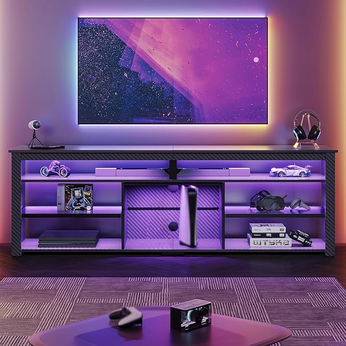 Bestier Tall TV Stand for 75 inch TV, LED Entertainment Center, Gaming TV Console with Storage for PS5, Modern TV Cabinet for Bedroom, Living Room, Black Carbon Fiber