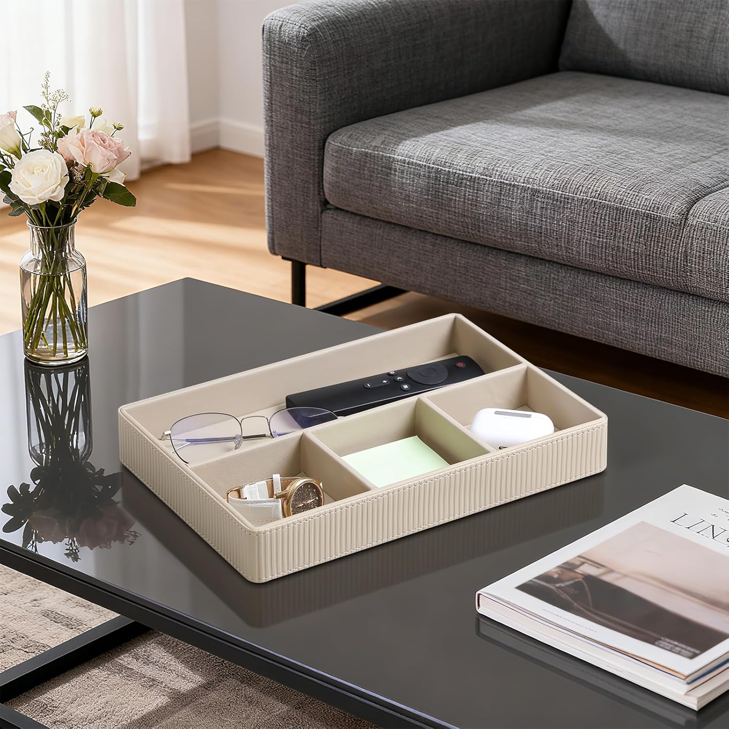 PU Leather Valet Tray, Decorative Trinket Vanity Desk Drawer Organizer Tray, Perfume Dish Catch All Bowl for Keys, Nightstand Drawer Organizer Women Men with 4 Compartments (Beige)