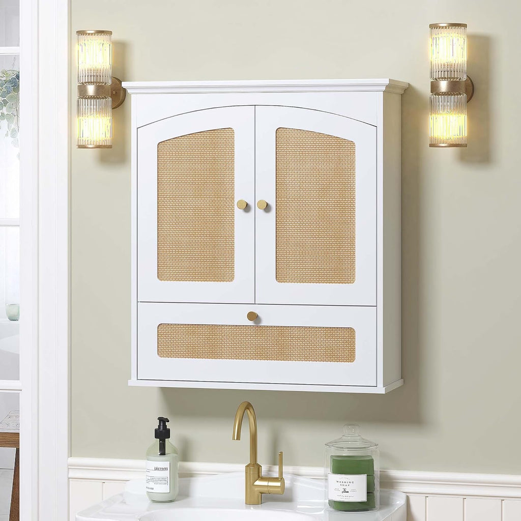 Spirich Bathroom Cabinet Wall Mount, Medicine Cabinet for Bathroom, Over The Toilet Storage Cabinet with Rattan Doors and Tilt-Out Cube