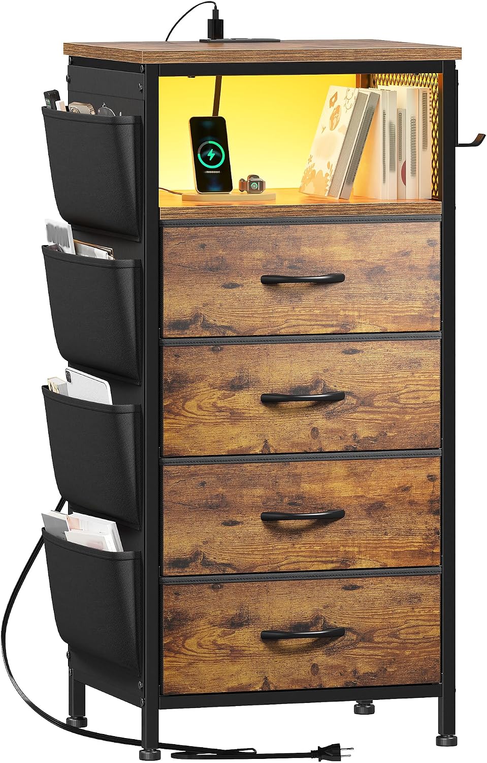 EnHomee LED Nightstand with Charging Station, Bedside Table with Fabric Drawe...