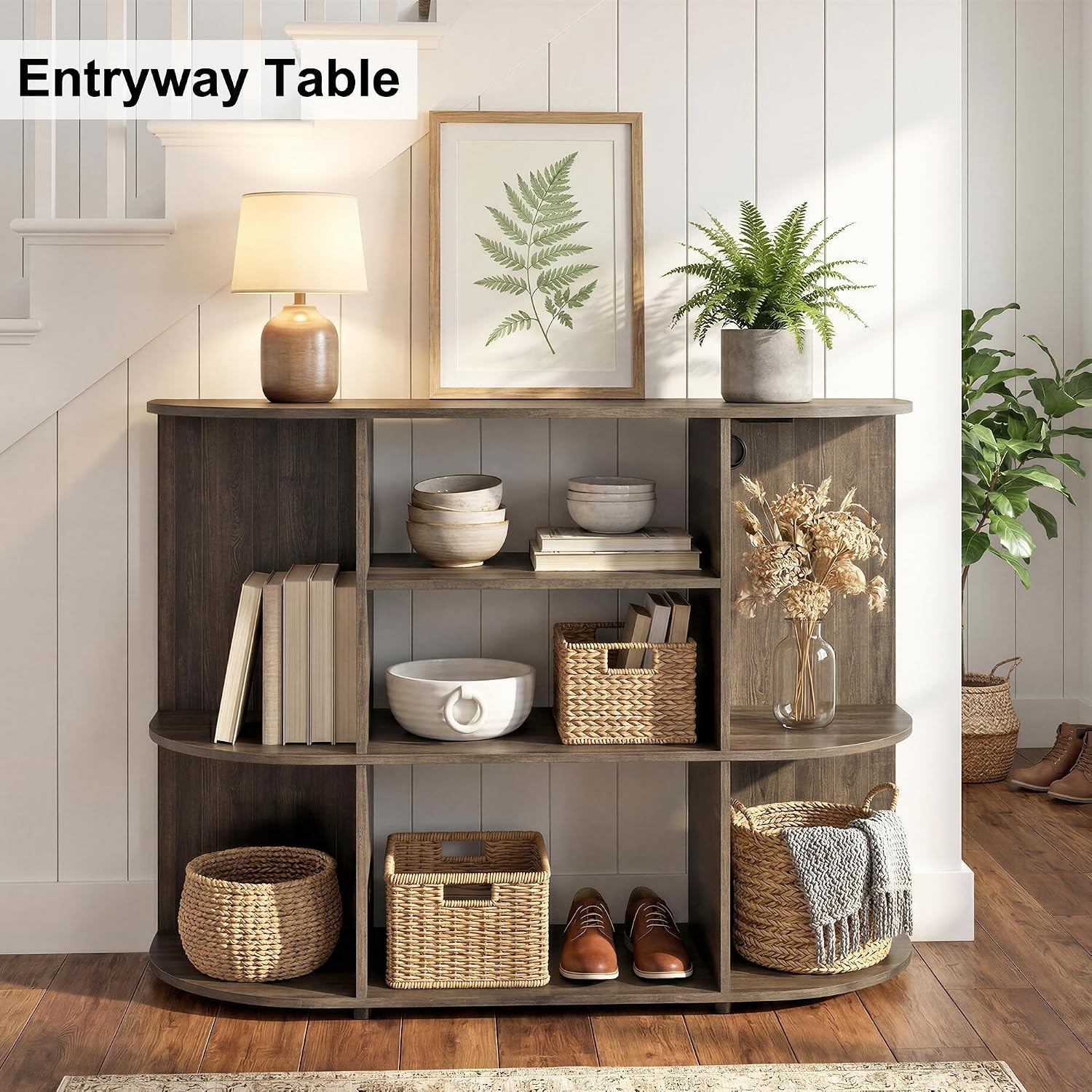 Manora 47" Coffee Bar Cabinet, Microwave Cabinet, Farmhouse Wood Kitchen Island Cart with Open Shelves&Power Outle, Buffet Sideboard for Dining Room, Coffee Station for Kitchen, Gray