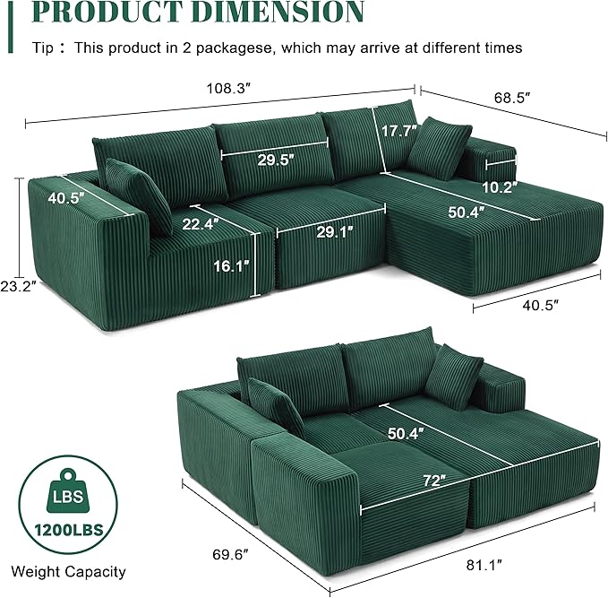108” Modular Sectional Sofa, Cloud Sectional Couch with Deep Seat, Modern Mod...