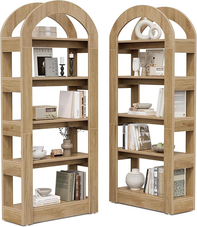 LITTLE TREE 5-Tier Bookshelf, Arch-Shaped Racks, Tall Standing Wooden Bookcase Display Shelf Modern Storage Solution (2, Teak Color)