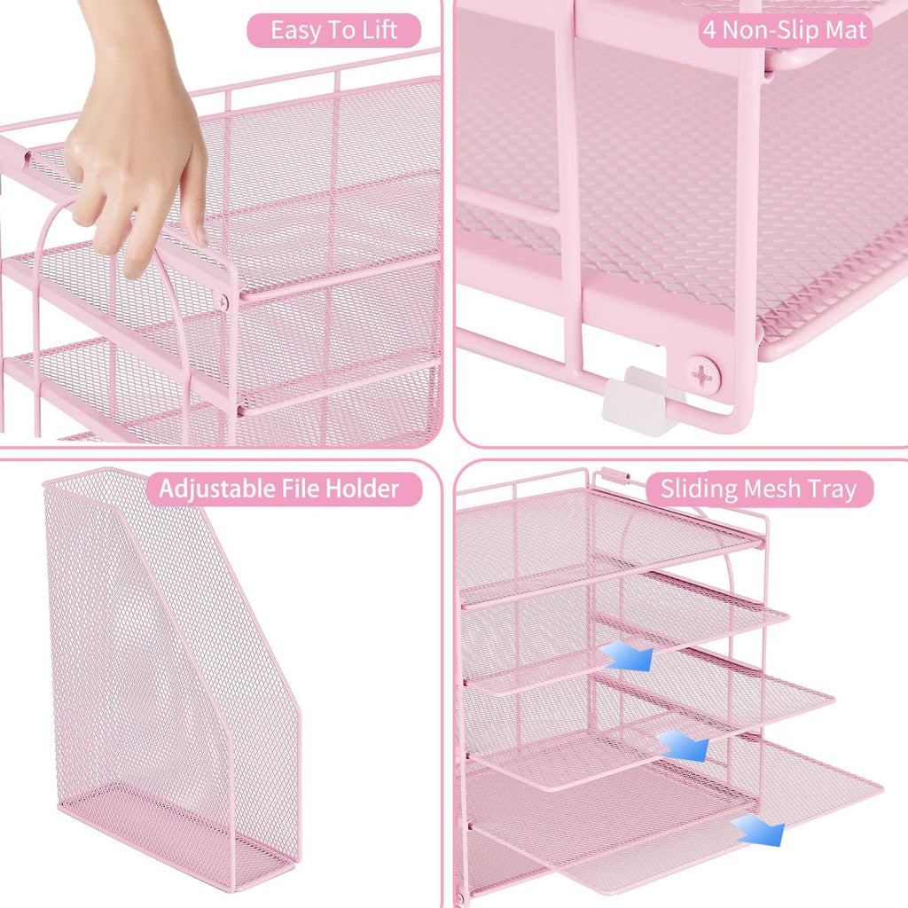 AUPSEN Pink Desk Organizers and Accessories,5-Tier Desktop Paper File Organizer with Adjustable File Holder, Office Desk Accessories for Office Supplies