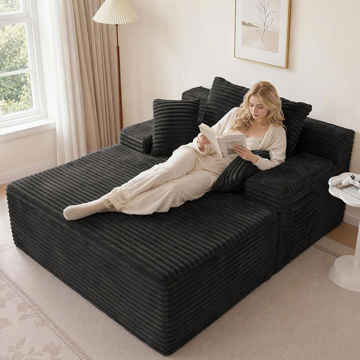 65" Oversized Chaise Lounge Chair Indoor, Boneless Lounger Chairs Indoor with 3 Soft Pillows Side Pockets, Cloud Corduroy Reading Lounge Couch for Living Room, Apartment, No Assembly Require, Black