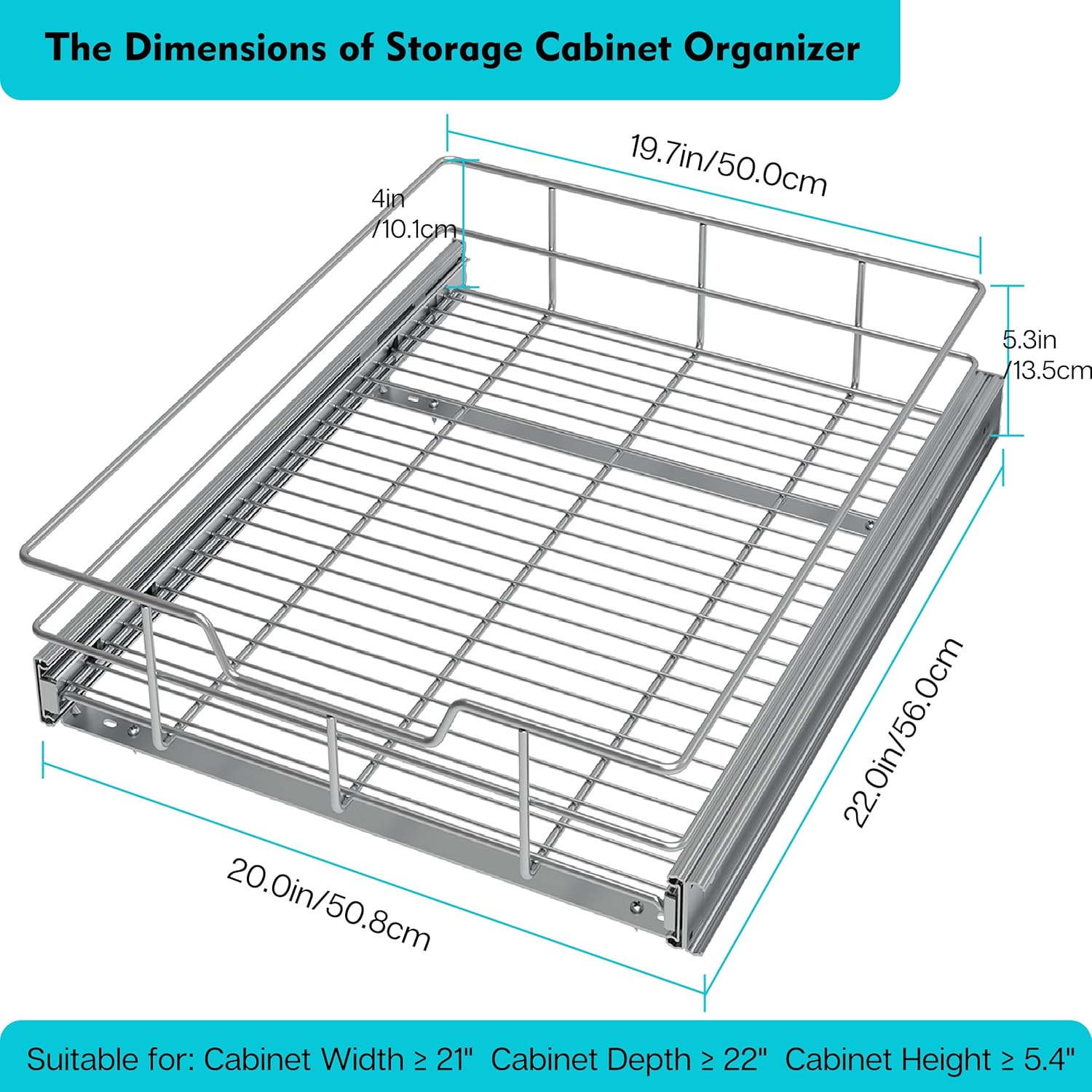 Pull Out Cabinet Organizer 20" W X 22" D, Slide Out Drawers For Kitchen Organizers and Storage, Pull Out Drawers For Cabinets Capacity Heavy Duty Caddy, Cabinet Shelves Chrome-Plated, Bathroom Pantry