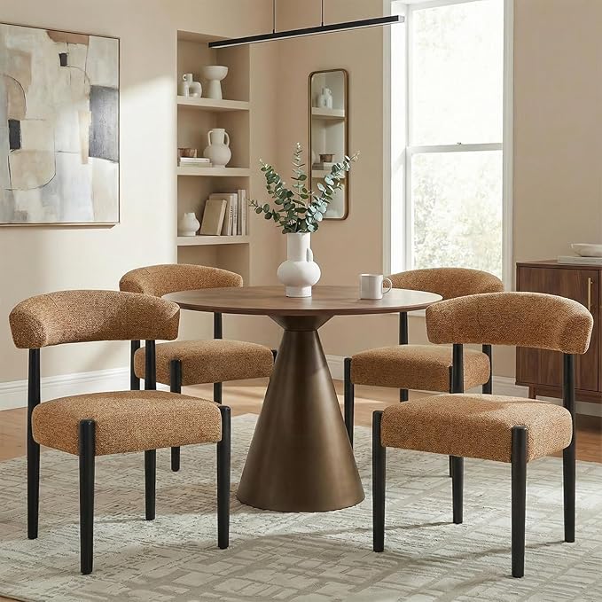 VKNOW Wooden Dining Chairs Set of 2, Modern Upholstered Dining Room Chairs with Black Rubberwood Legs and Curved Backrest, Fabric Kitchen Chairs for Dining Room, Orange(Black Legs)
