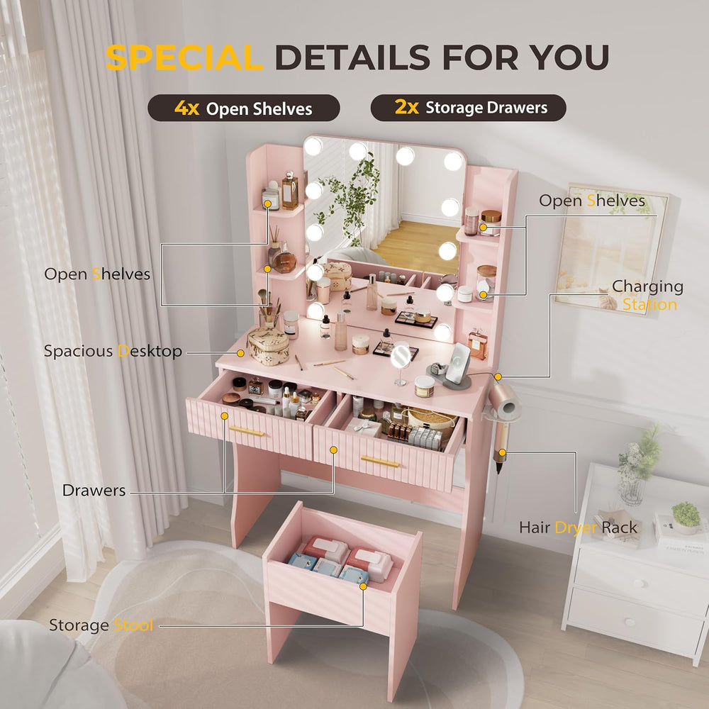 Otterease 31" Makeup Vanity Desk with LED Mirror and Storage Stool, Pink...