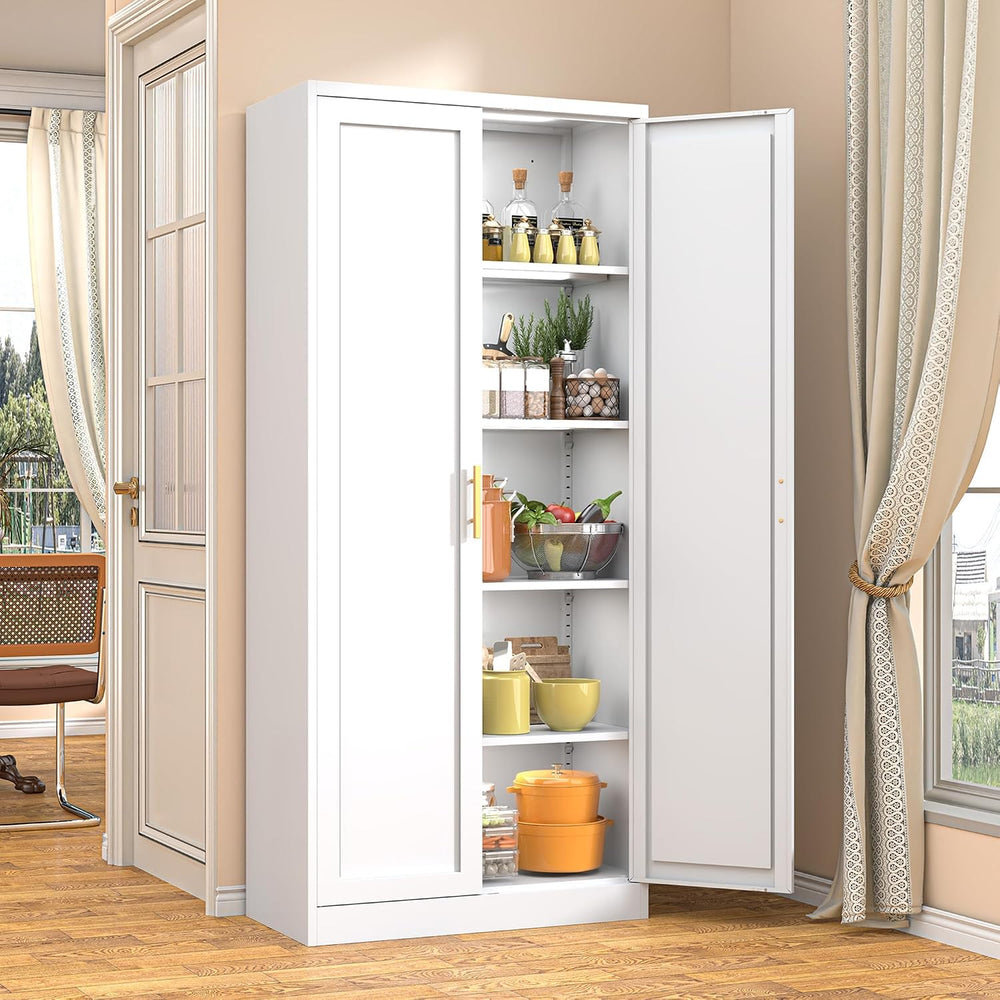 BESFUR 71" Tall White Kitchen Pantry Cabinet, Metal Food Storage Cabinet...