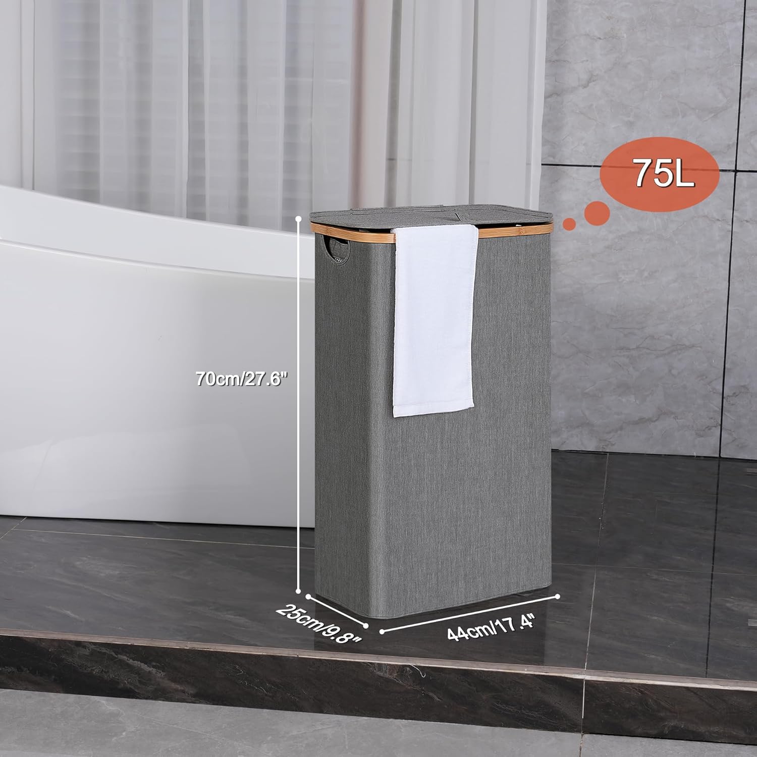 efluky Slim Laundry Hamper with Lid, Narrow Laundry Hamper with Removable Bag, Collapsible Dirty Clothes Basket with Handles for Bathroom, Bedroom & Laundry Room, 75L Grey