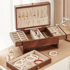 Wooden Jewelry Box for Women, 3 Level Multi-functional Drawers Black Walnut Jewelry Organizer Box, Watch, Necklace, Ring, Earring Storage Gifts(With Mirror B)
