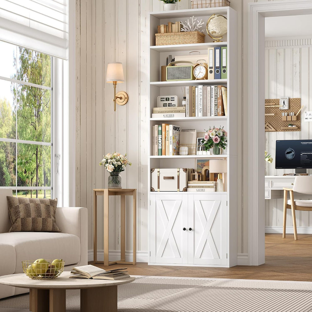 FACBOTALL 82" Tall Bookcase, Farmhouse Bookshelf with Doors, White
