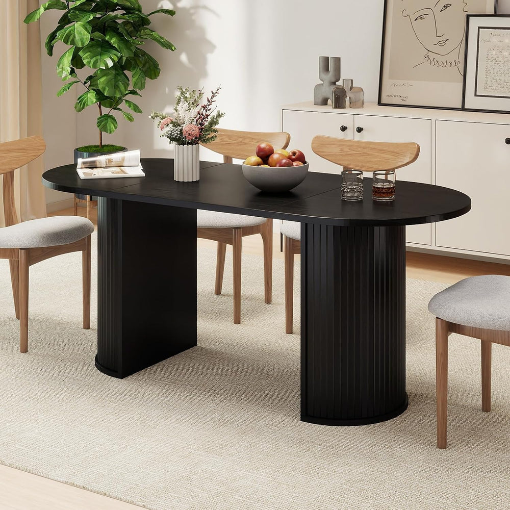 70.8" Oval Dining Table for 4-6 Persons, Fluted Pedestal Base Mid Centur...