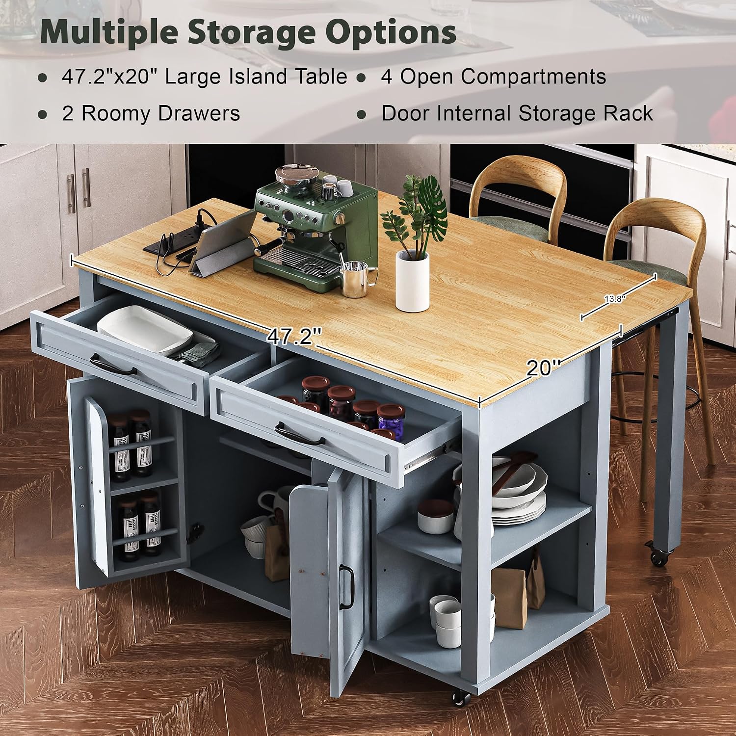 Kitchen Cart with Rubber Wood Drop-Leaf Countertop,Cabinet Door Internal Storage Racks,Kitchen Island on 5 Wheels with Storage Cabinet and 3 Drawers for Dinning Room, Black (Grey+ Blue)