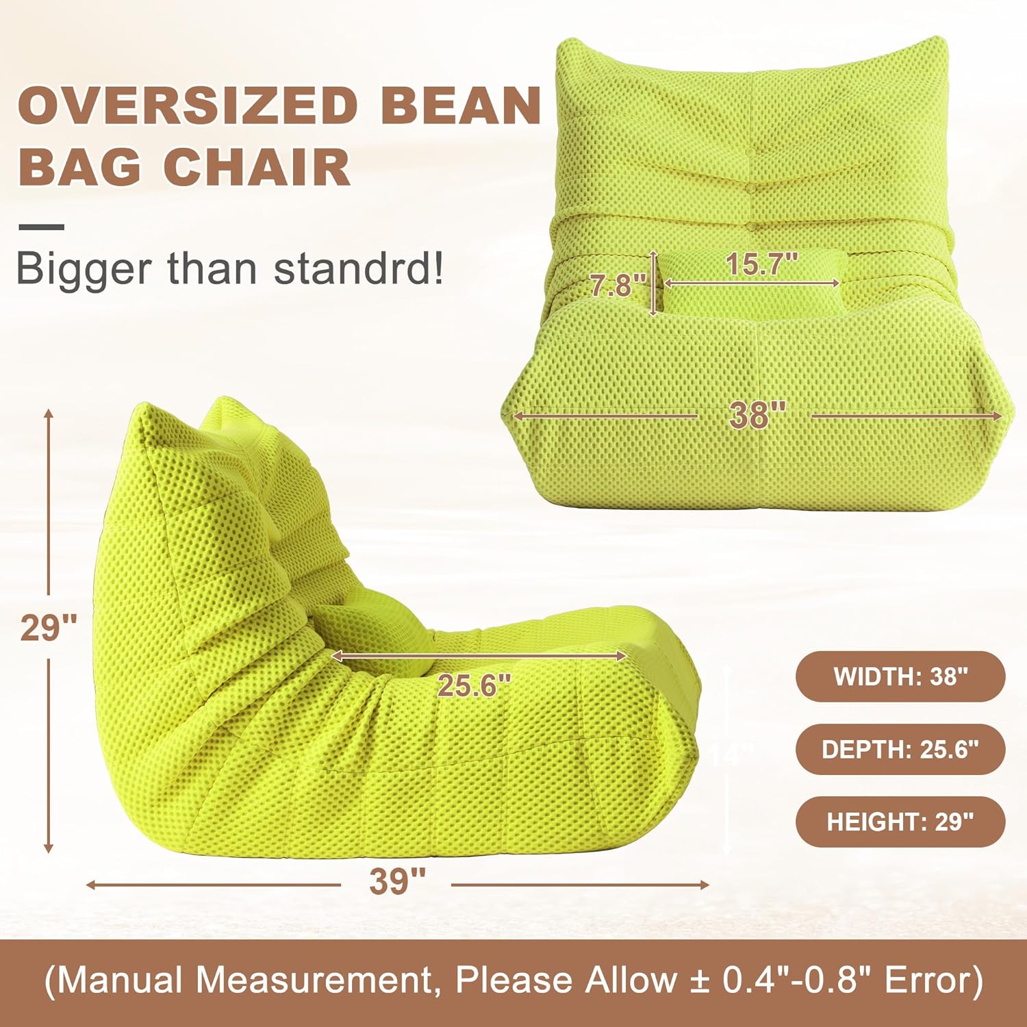 Bean Bag Chair for Adults - Large Bean Bag with Lumbar Pillow, Oversized Airpore Boneless Chair with High-Rebound Memory Foam, Lazy Floor Sofa for Reading, Gaming, Living Room, Bedroom, Green