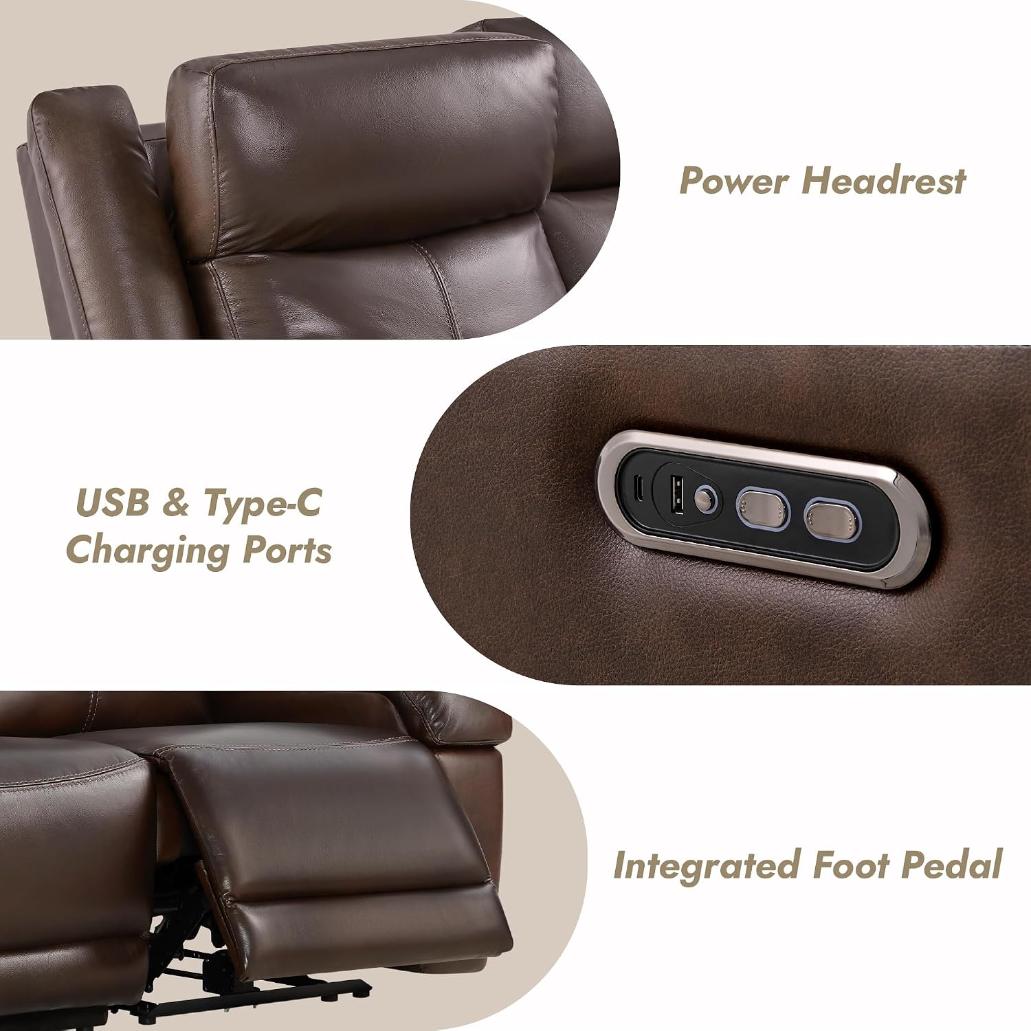 Watson & Whitely Genuine Leather Wall Hugger Power Recliner Loveseat, Brown | 2 Seater Reclining Sofa, Adjustable Power Headrests, USB & Type-C Charging Ports, Dual Recliners, Living Room & RV