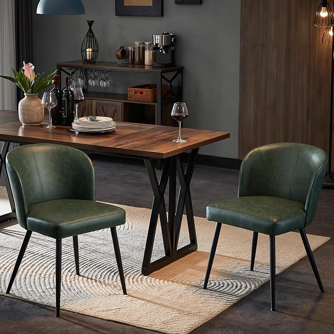 Dining Chairs Set of 2, Upholstered Kitchen Chairs with Faux Leather Cushion Seat and Metal Legs, Mid Century Modern Dining Room Chair for Kitchen, Living Room, Easy Assembly, Green