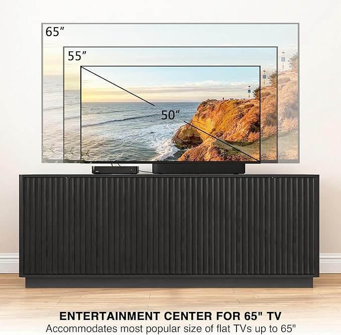 63'' Fluted TV Stand for TVs up to 75'', Modern Long Media Console with Storage Cabinets & Adjustable Shelves,Entertainment Center for Living Room Bedroom (Black)
