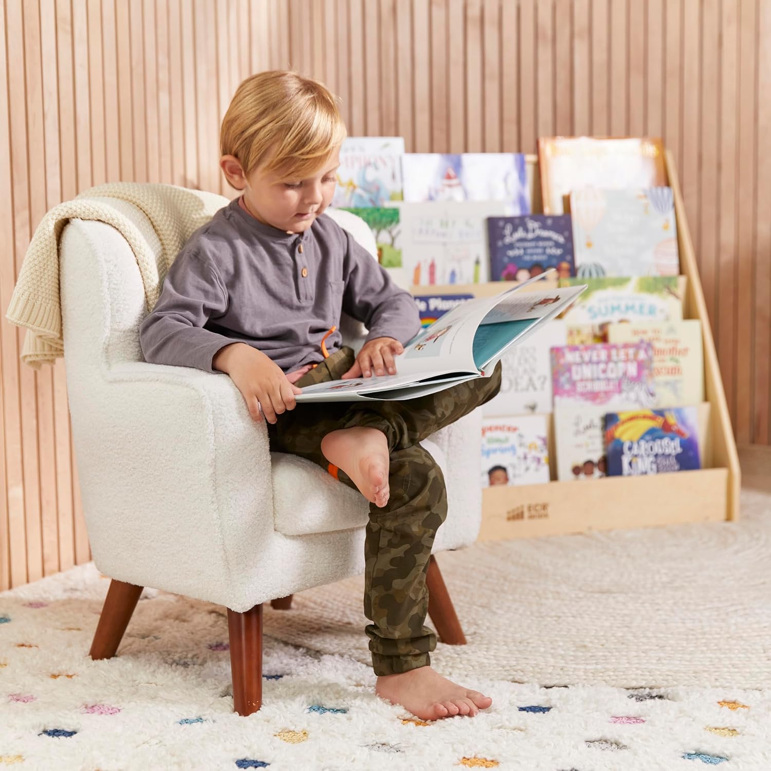 ECR4Kids Mila Sherpa Toddler Arm Chair with Removable Wooden Legs, Kids Furniture, White | Durable wood frame & high-density foam, 1-5 years, 60 lb capacity, soft sherpa fabric, gently curved back, adjustable glides