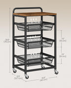 VASAGLE Storage Cart with Pull-Out Baskets, 4-Tier Kitchen Cart with Wheels, Handle, 12.5 x 15.8 x 29.9 Inches, Rustic Brown and Ink Black ULRC040K01