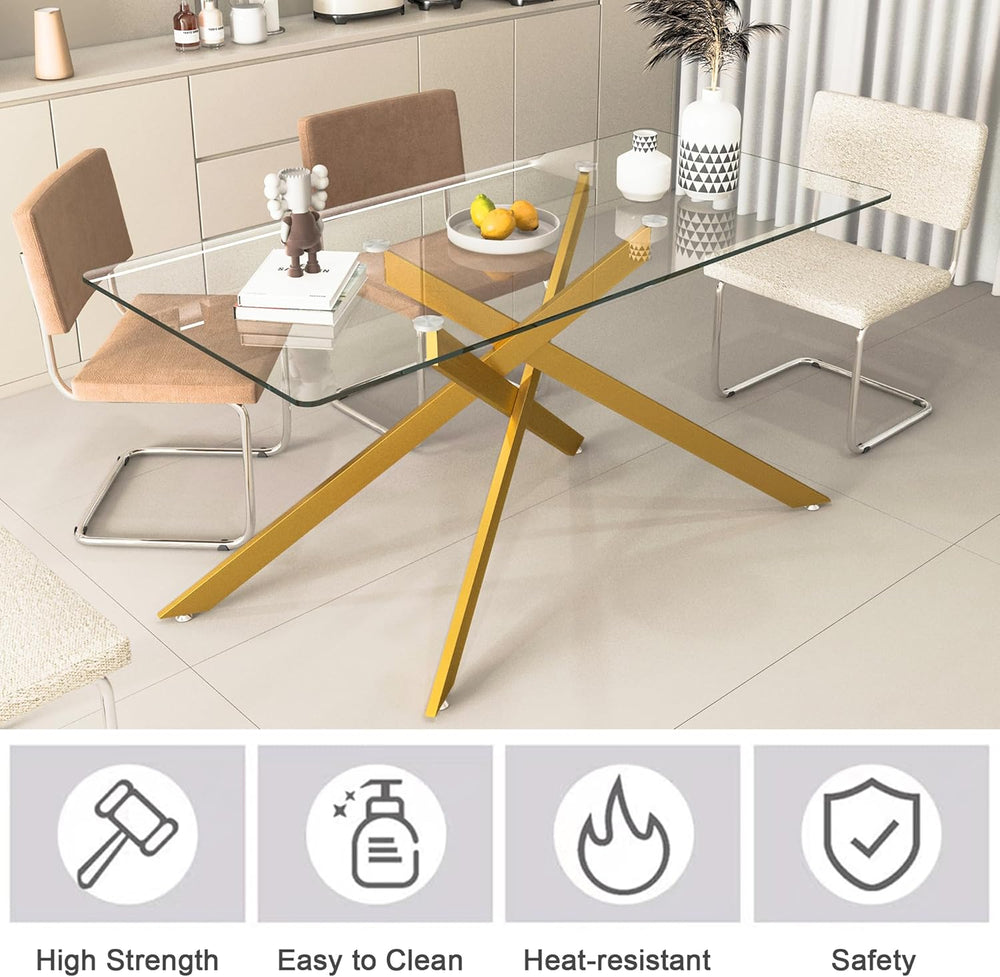 60" Modern Gold Glass Dining Room Table Set for 6, 7-Piece Rectangle Kit...