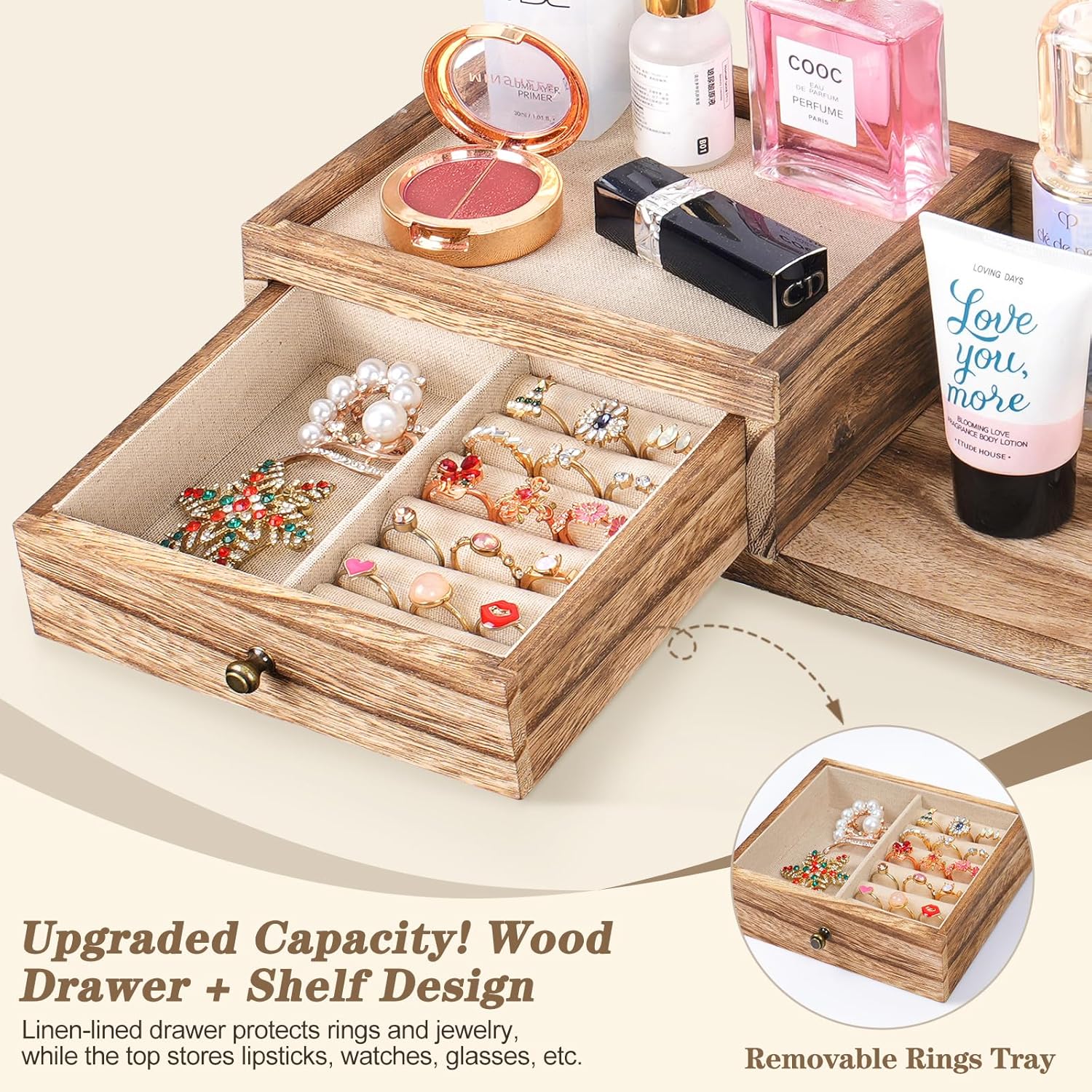 VINAEMO Jewelry Organizer Hanging Wall Mounted Jewelry Holder with Rustic Wood Drawer & Large Capacity Storage Shelf Rack Display for Earrings Rings Necklaces Bracelet