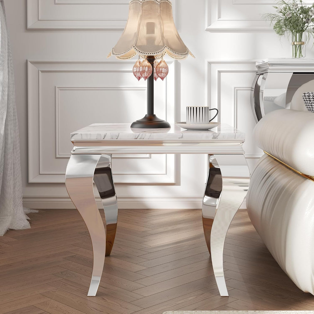Square Faux Marble End Table, Modern Elegant Side Table with Stainless Steel ...
